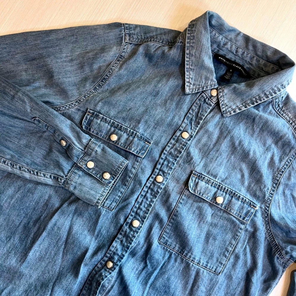 White House Black Market Denim Button-Down Shirt - Blue